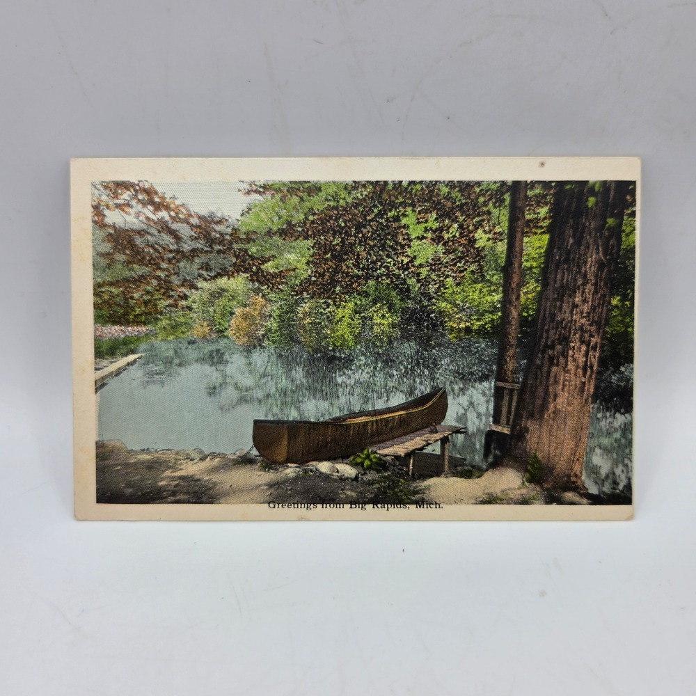Greetings from Big Rapids Michigan MI Octochrome Postcard Canoe 1914
